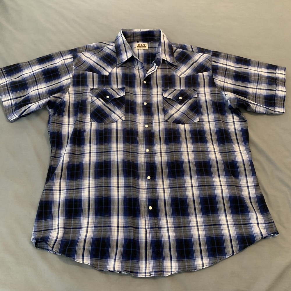 Ely‎ Cattleman Western Shirt Mens XL Blue Plaid Pearl Snap Short Sleeve Casual